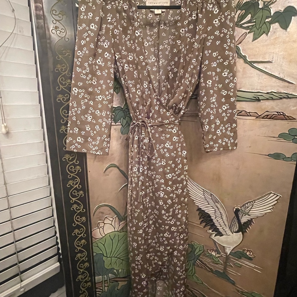 Saltwater LUXE Brown Tan Wrap Dress Puff Sleeves